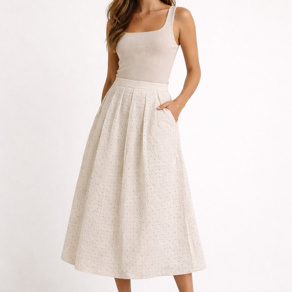 Banana Republic 100% Cotton Eyelet Summer Midi Skirt Cream A-Line NWT Size 8